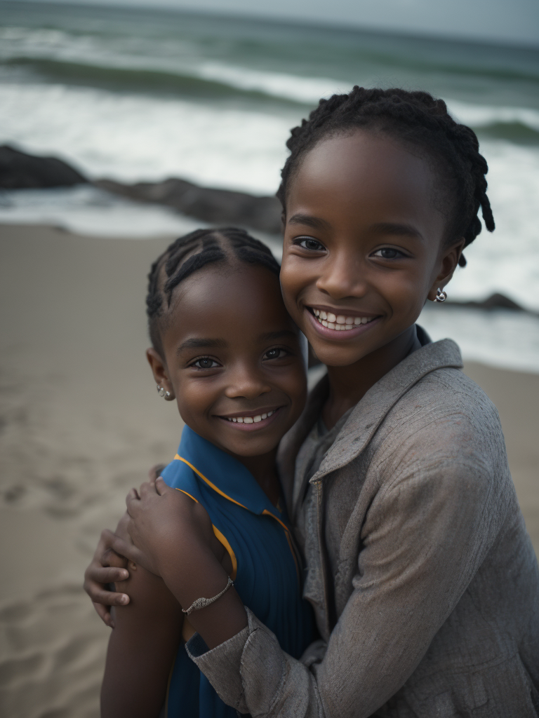 Imagem de duas ou mais crianças, uma ou mais crianças negras e algumas outras crianças brancas, todas elas sorrindo, em estado emocional de alegria, festejando a vida em um dia iluminado com a luz natural, em uma praia paradisiaca a luz do dia. Estão vestidas com roupas coloridas, festejando a amizade.