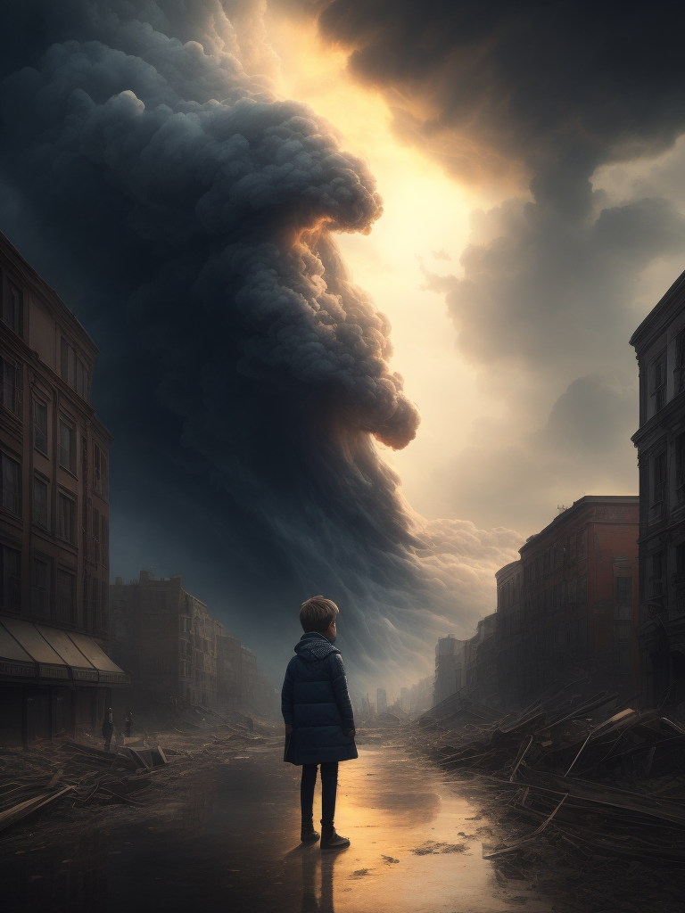 a 1child standing, sadness, oil painting, a massive swirling tornado swept through city, ultra-wide shot, destructive, natural disaster, cold color, epic composition, epic proportion, masterpiece, award winning, HD, 64K,