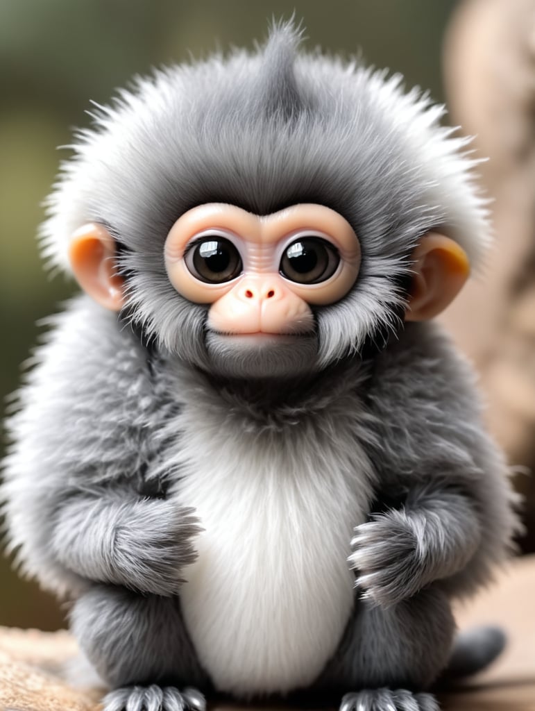 Finger monkey wearing a scorpion tail, grey necklace, big, furry, fluffy, wearing grey necklace, big adorable eyes
