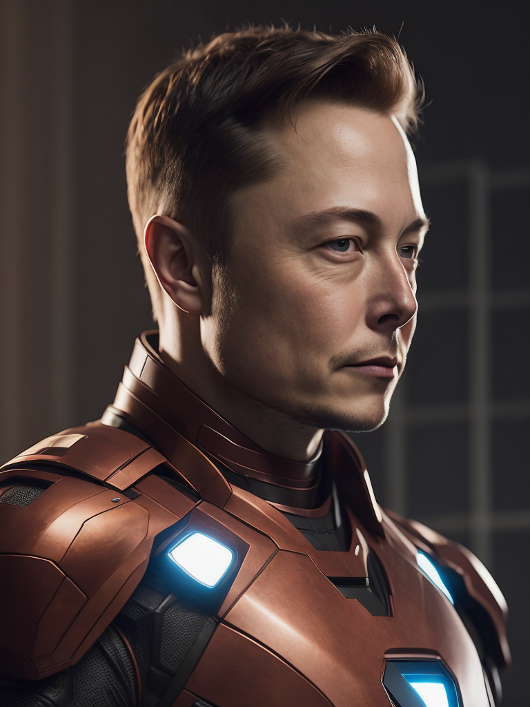Portrait of Elon Musk in the Iron Man suit from the Marvel Universe, high definition, photography, cinematic, detailed character portrait, detailed and intricate environment,