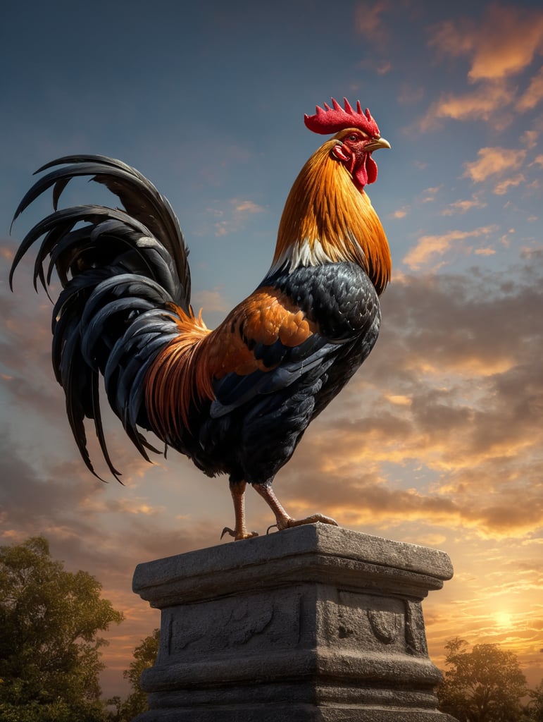 beautiful photorealistic rooster crowing in morning outside, beautiful morning sky