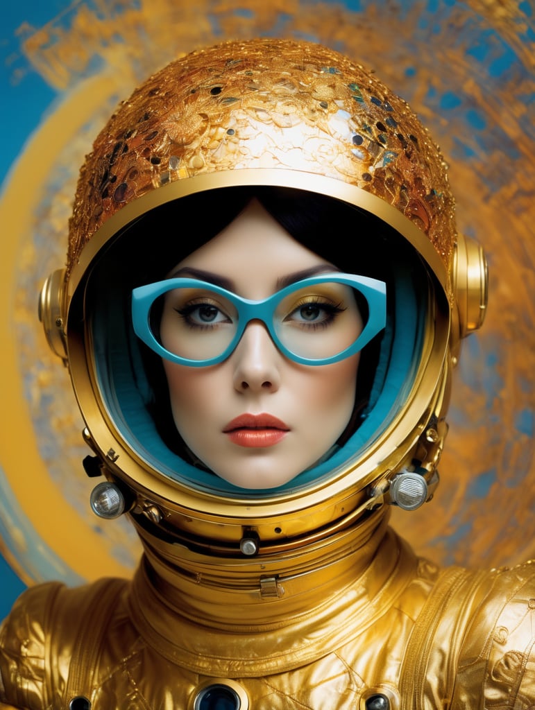 In 1998, abstract fashion photography captured a 1960s astronaut woman in a gold spacesuit with a large helmet and glasses. The art, created by Victor Moscoso and Bridget Riley, used Kodak Ektar 100 film. Carne Griffiths added a touch of magic with fluid art, while artists like Conrad Roset, Ilya Kuvshinov, Mark Fielding, and Zwy Studio emphasized high lights in the eyes. Sergio Lopez and Natalie Shau also contributed to the artwork.