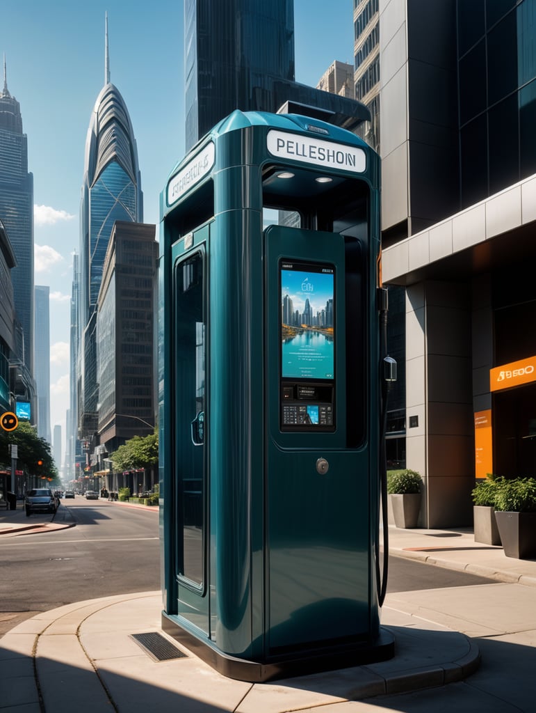 A sleek, state-of-the-art telephone booth with cutting-edge technology and solar power integration, presented through a professional digital illustration style. In the spirit of concept artist Syd Mead, this image showcases a futuristic, cityscape backdrop. The booth exudes minimalism and sophistication with its clean lines and advanced touchscreens. The color palette is a mix of cool, futuristic blues and vibrant, eco-friendly greens. Facial expressions are determined and focused, bathed in the glow of a digitally enhanced atmosphere, demonstrating the embodiment of professionalism in modern technology. --v 5 --stylize 1000