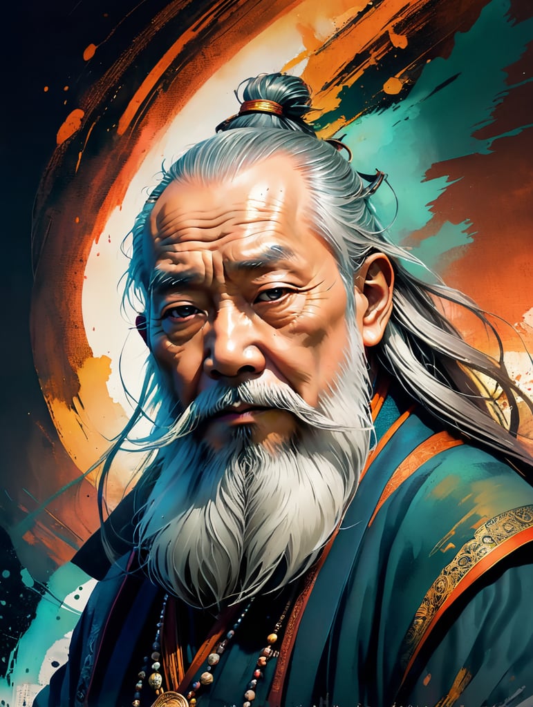 Wise old japanese man from tokyo with a long white beard, intricate, sharp focus, fantasy, cinematic lighting, other worldy, surreal 8k photo, dark moody aesthetic