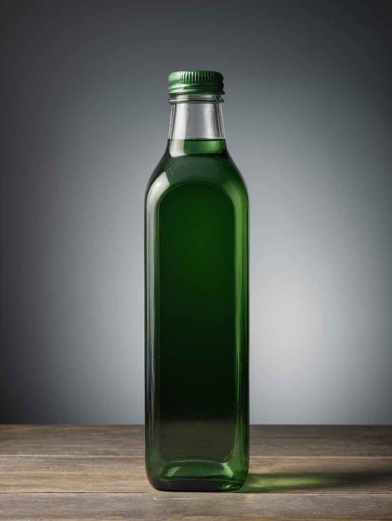 square Green glass bottle with mineral water mockup, no label, isolated, grey background
