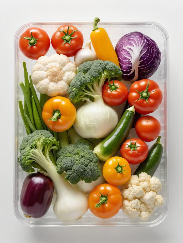 vegetables in a transparent plastic tray, top view, isolated, mockup