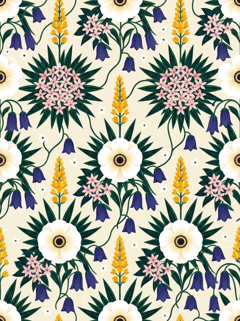 A seamless repeating botanical vector illustration featuring an intricate arrangement of stylized flowers on a pale cream background. Prominent white blossoms with dark centers and a soft yellow inner glow anchor the design. They intertwine with hanging deep indigo bell-shaped flowers and clusters of pale pink star-shaped blooms nestled within starbursts of dark forest green, pointed leaves. Vertical stalks of bright yellow-orange florets and scattered tiny white blossoms fill the negative space. Slender, curving dark green vines connect the elements, creating a continuous rhythmic flow. The composition has a highly decorative wallpaper aesthetic characterized by crisp geometric edges, subtle gradients on the petals, and a striking high-contrast color palette.
