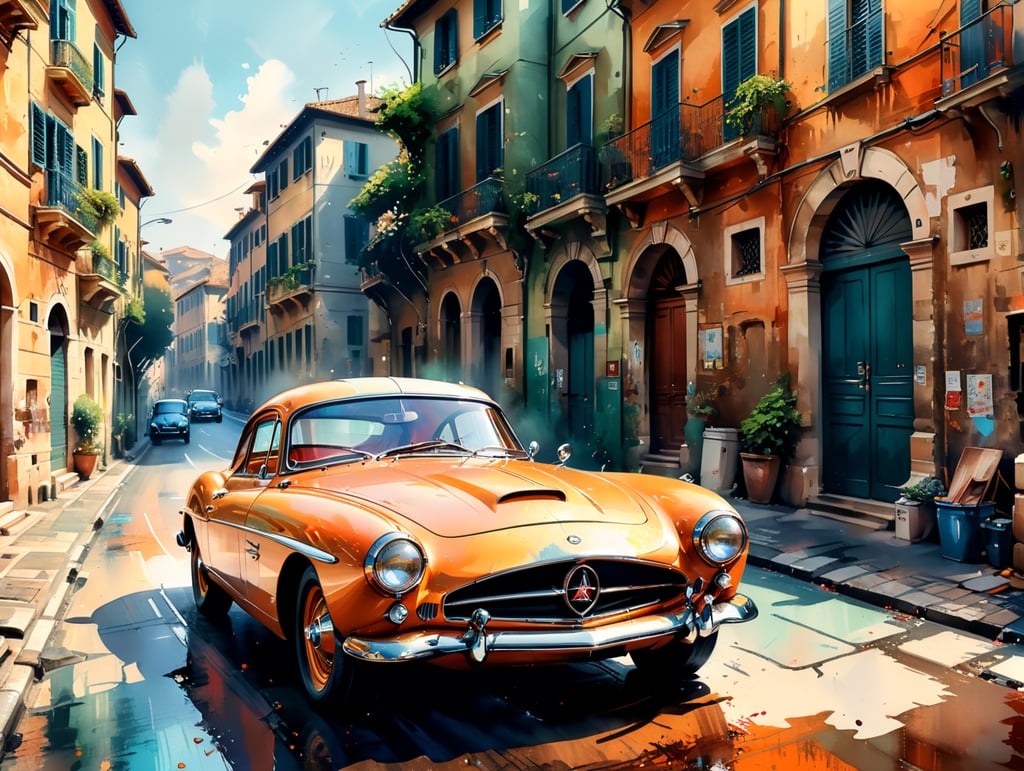 Sports car from the 50s in an oil paint Italian style. The scene is Rome 1950s.