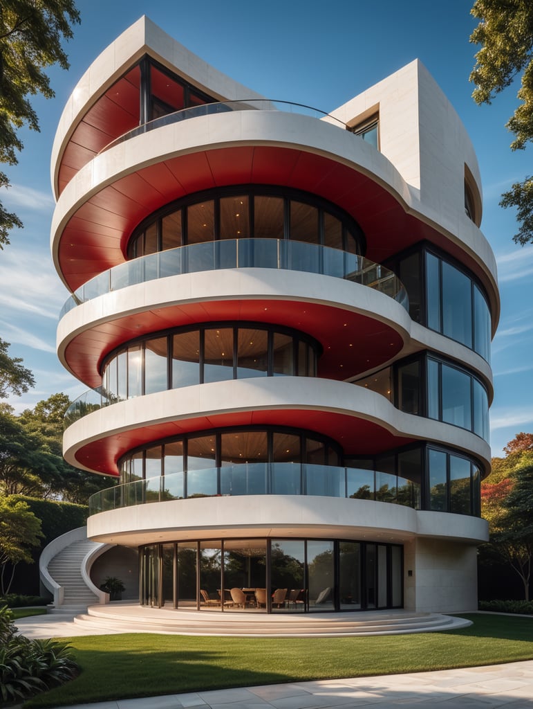 wide viewing angle and large view lens architectural modern style hyper realistic hyper detailed neocosmic exterior architecture design of a spiral Fluid villa, red geometric shapes spectrum, gold::1 white:3, Santiago Calatrava architecture art style, in new york city, natural ambience, day light, studio shoot, natural lighting, camera nikon, 8k, --s1000 --style raw