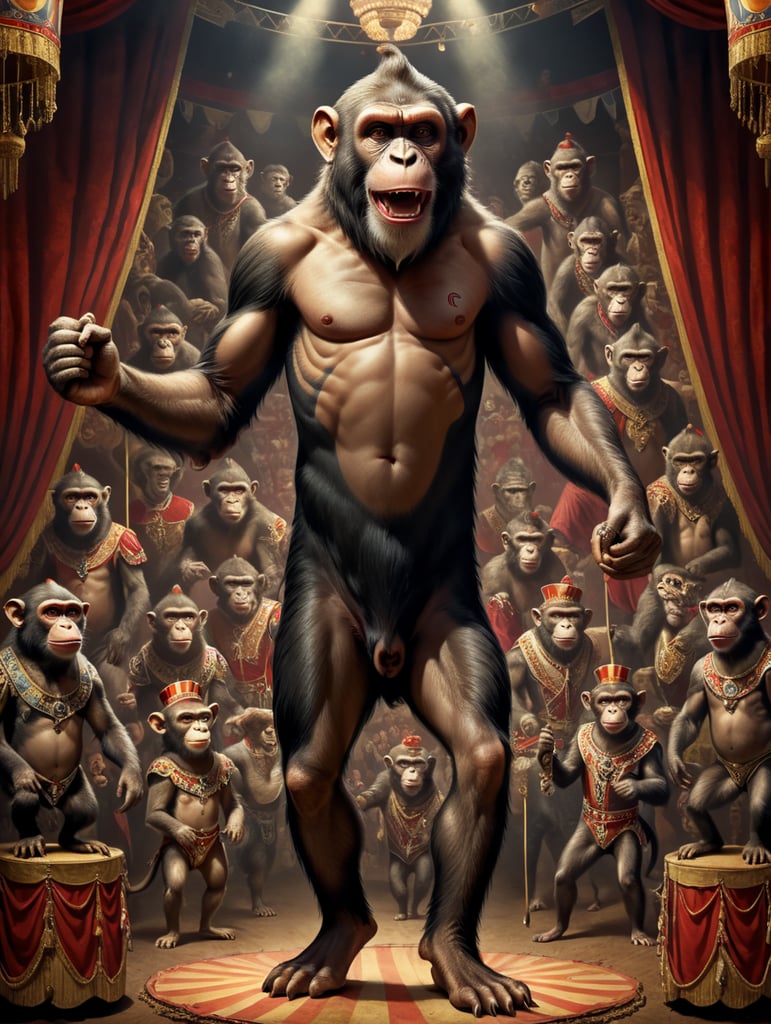 Vintage style circus sideshow poster of a full body anthropomorphic monkey