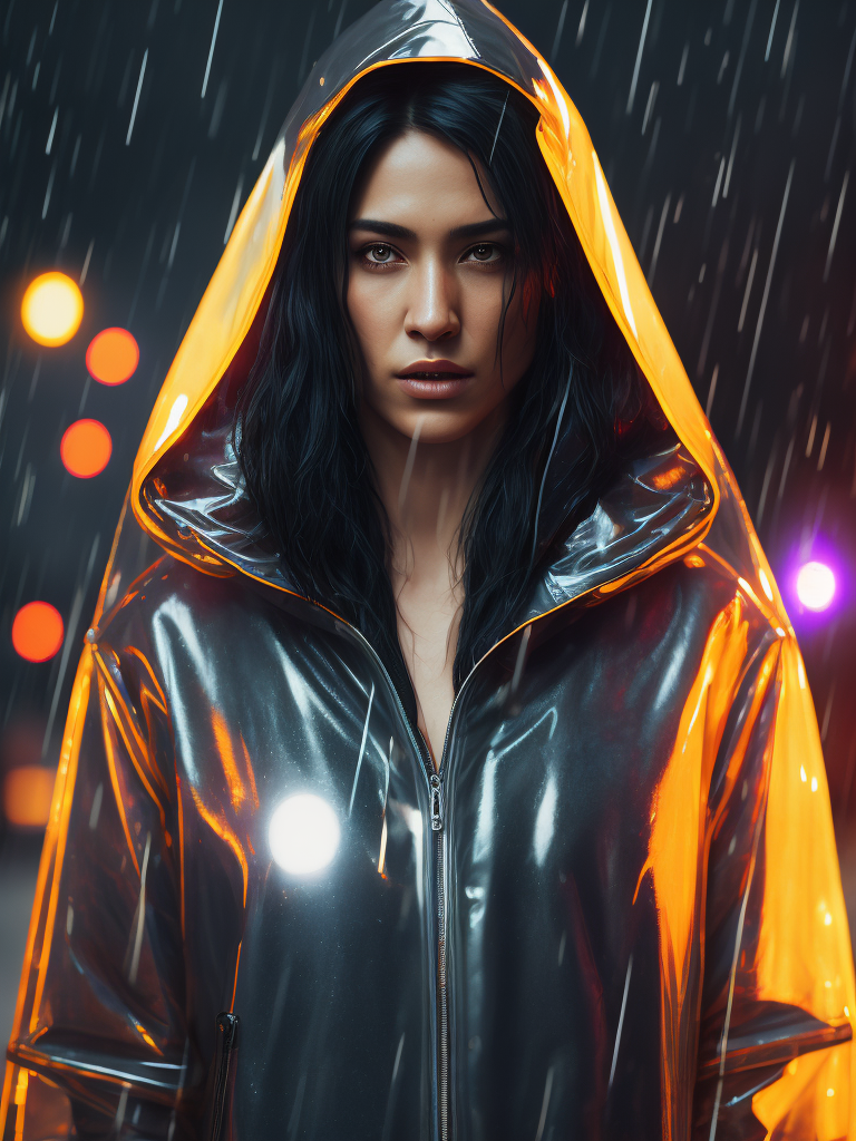 a women wearing ((transparent raincoat)), under the rain, ultra realistic, neon lights