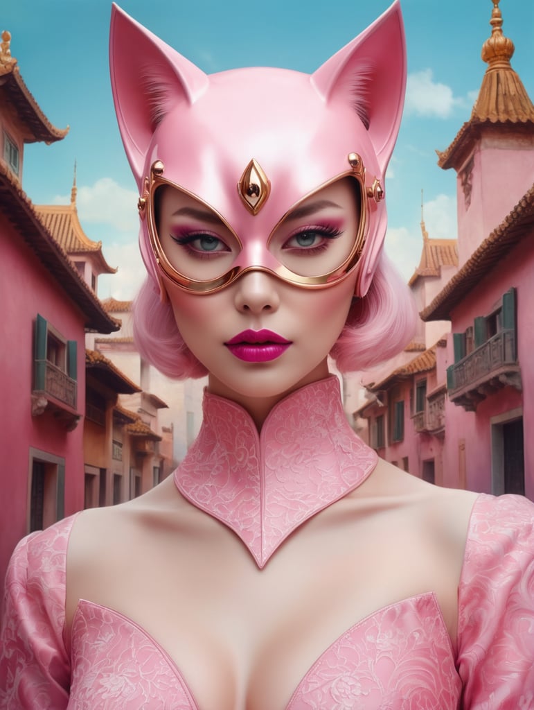 Close up portrait photography, of a gorgeous lady, wearing a pink cat woman mask, 80 degree view, art by sergio lopez, natalie shau, james jean and salvador dali