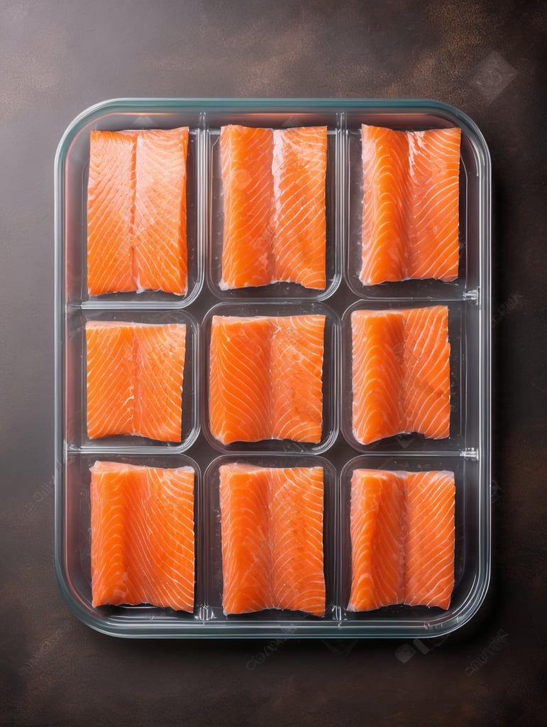 ready for cooking slices of a salmon in a transparent plastic tray, top view, isolated, mockup