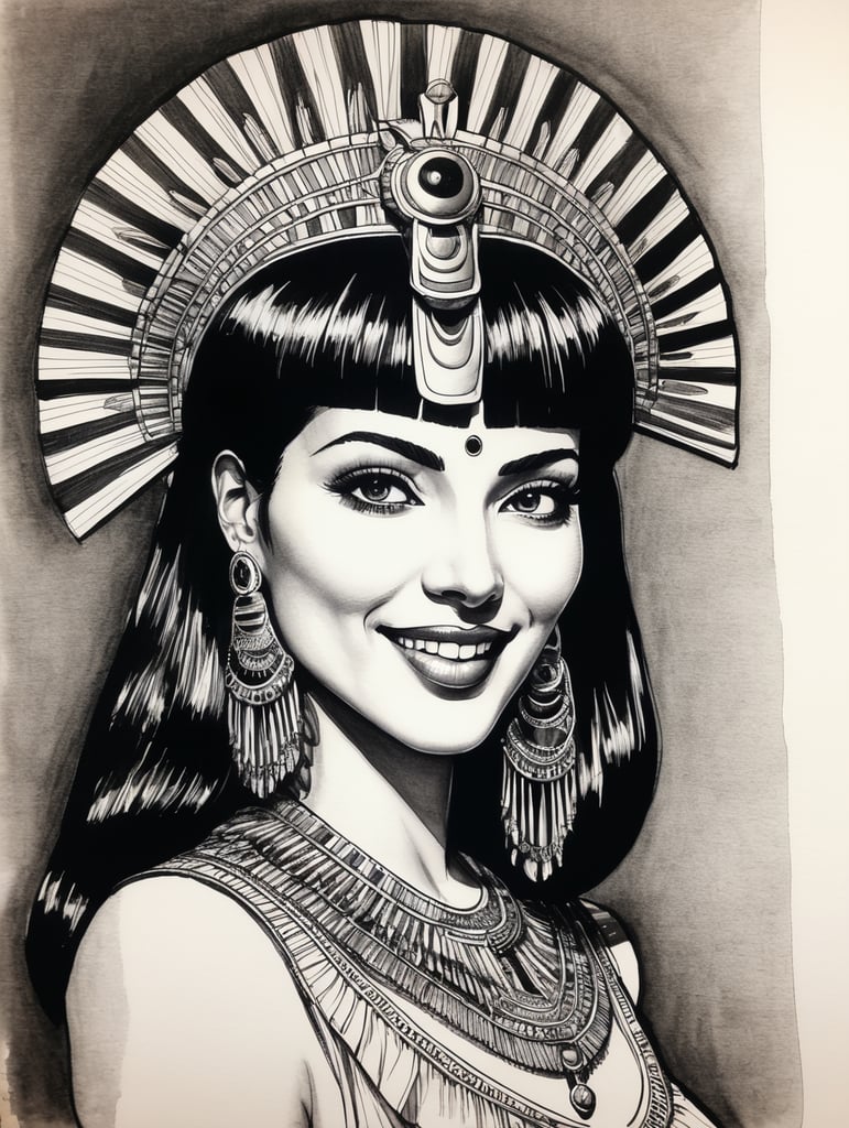 Happy Cleopatra, Ink pen sketch, low light, low detail,