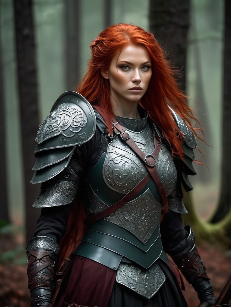 Valkirya warrior red hair in a dark forest