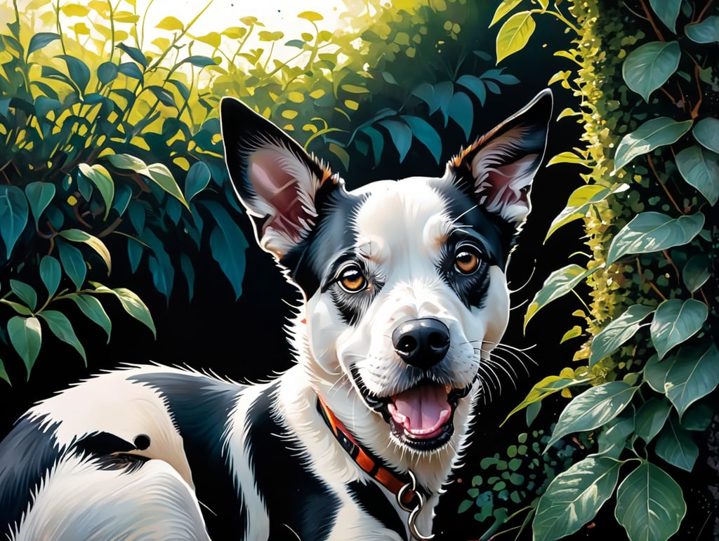 Black an white dog digging a hole under a privet hedge in a garden