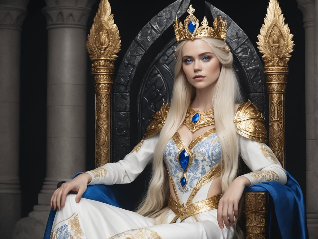 Woman with platinum long hair and blue eyes wearing golden crown and white and golden medieval clothes, sitting on a black stone throne in a stone dark throne room
