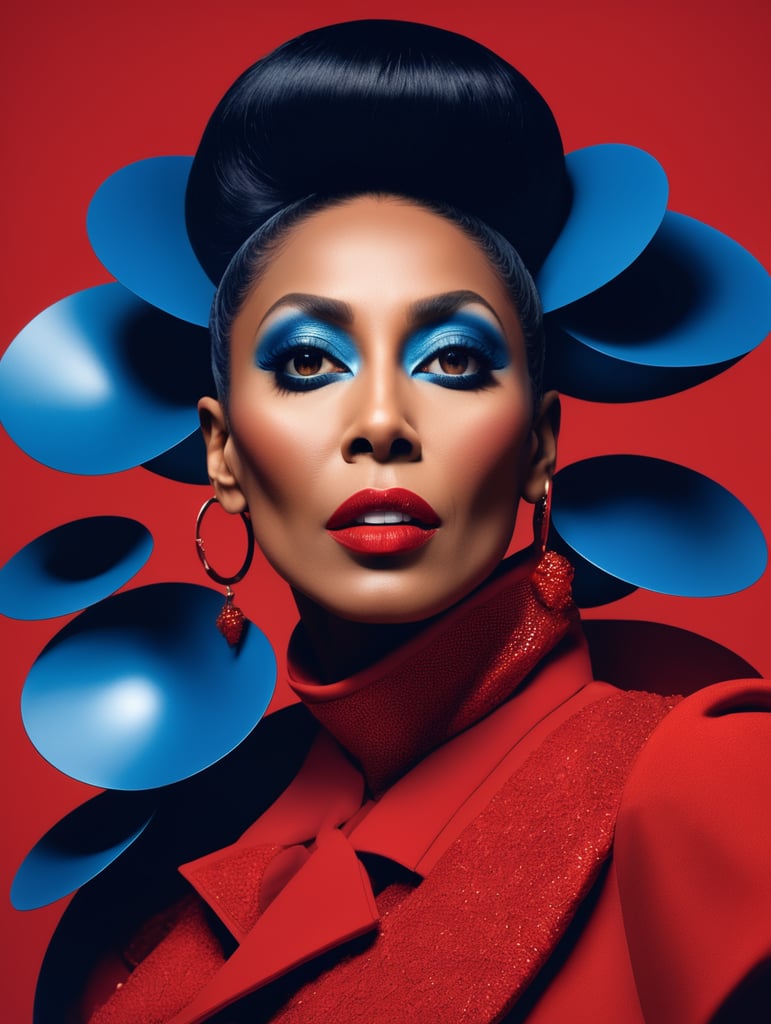 Donyale luna, avant-garde, simplygo, photoshoot spread, dressed in all red, blue background, harpers bizarre, cover, headshot, hyper realistic