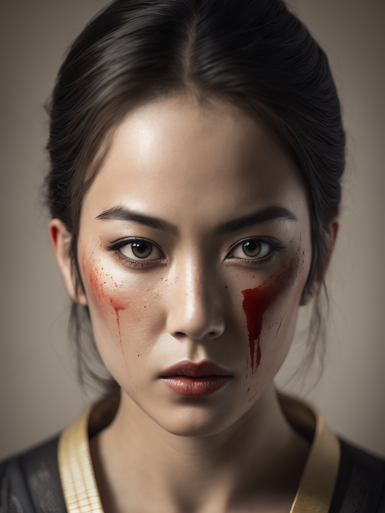 Woman, blood in face, samurai, paint, portrait, best quality