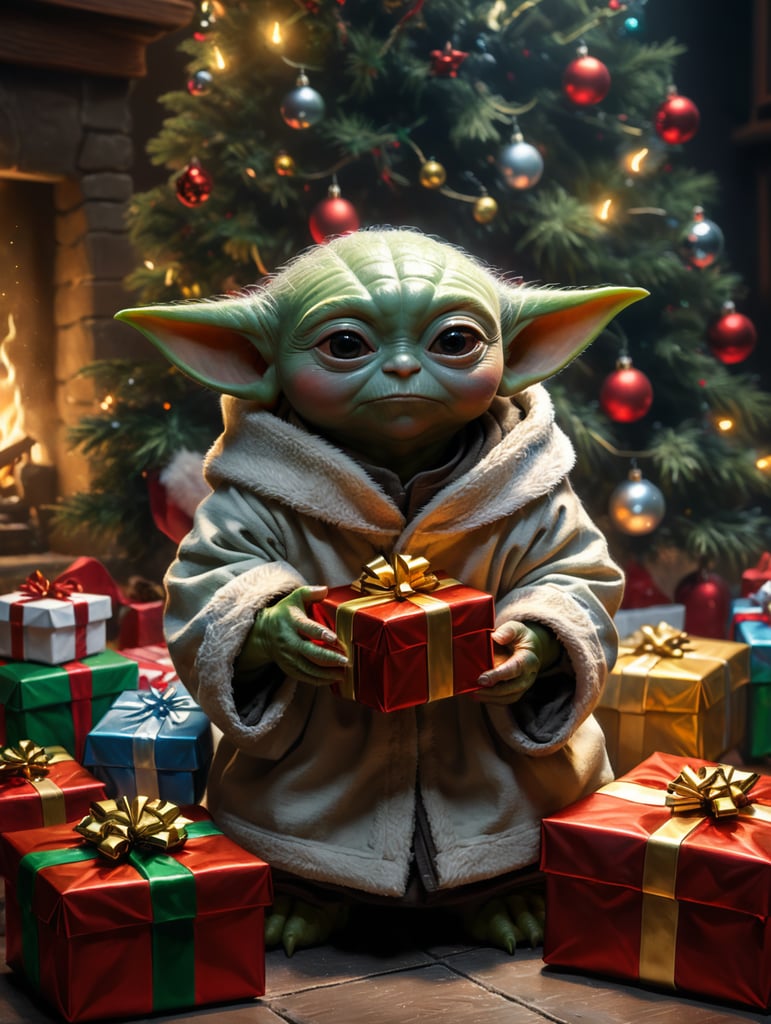 baby yoda at christmas opening presents