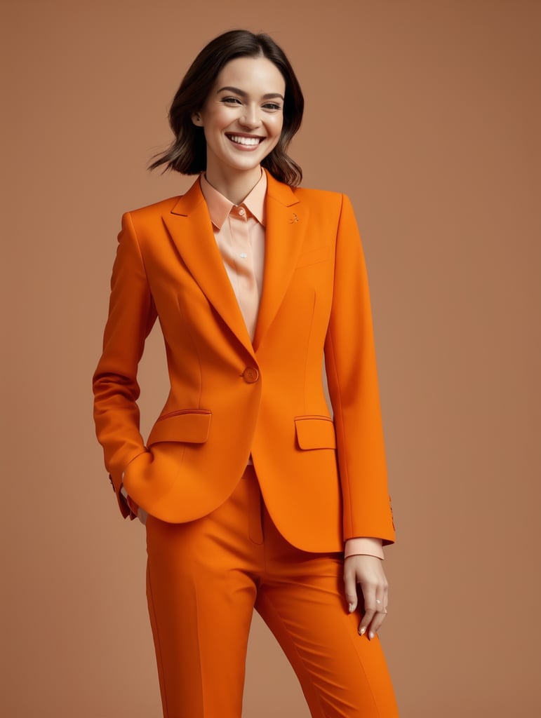 a women with an orange suit and smily face