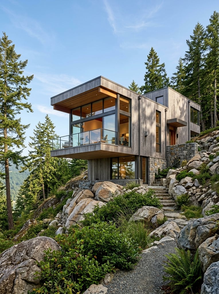 A modern geometric house clad in weathered gray timber rests on a steep hillside composed of large rounded boulders and green shrubs. The structure features a cantilevered upper volume with a glass balcony, warm wood soffits, and floor-to-ceiling windows. Tall coniferous trees frame the building under a clear blue sky. Low-angle daylight architectural photography captures crisp shadows.