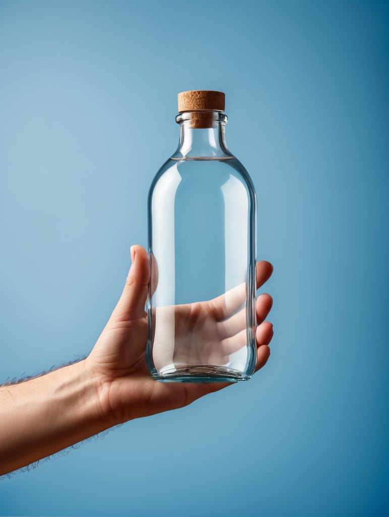 Hand holding a transparent Glass Bottle, Empty, Clean, Clear, isolated, blue background