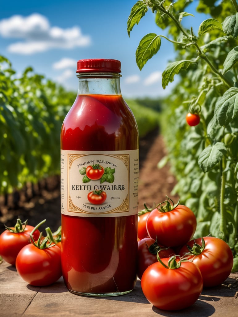 several red tomatoes stacked together forming a ketchup bottle with some leaves around it, beautiful tomato plantation in the background and a blue sky, short grass and yellow flower, creamy light, ambient lighting, beautiful colors
