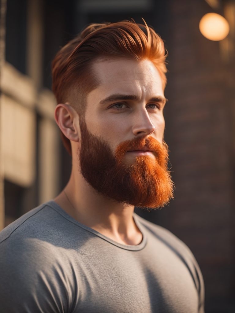 masculine man with masculine beard and ginger hair and big muscles