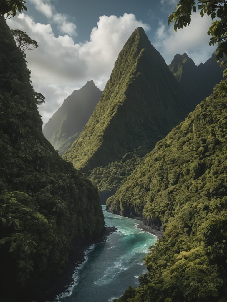 American Samoa, Island with a few Mountains, greenery, river running from ocean into a valley, ocean only on the bottom middle running up to the right