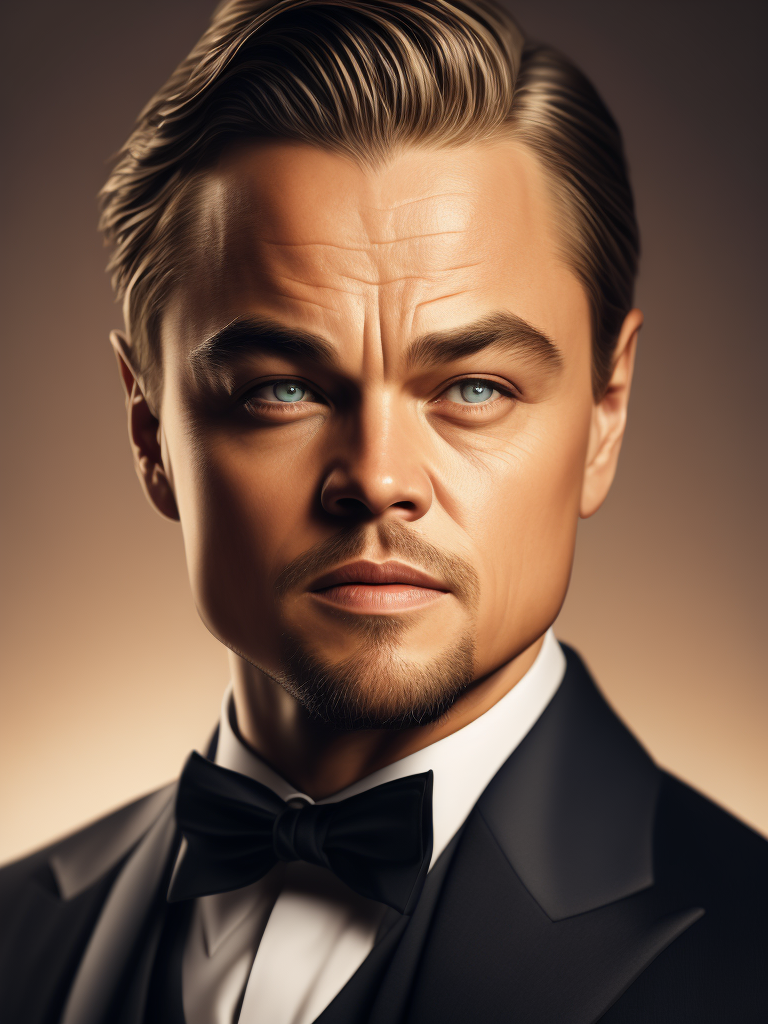 Portrait of Leonardo DiCaprio in a bow tie tuxedo, contrasting light, detailed face, muted tones
