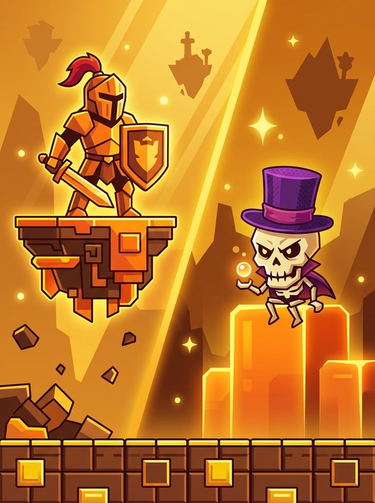 flat vector illustration, warm golden orange gradients, split layout, geometric knight on floating platform, diagonal light shafts, skull character with purple hat on block, silhouetted background shapes, bottom grid of modular brown platform blocks, vibrant stylized game art