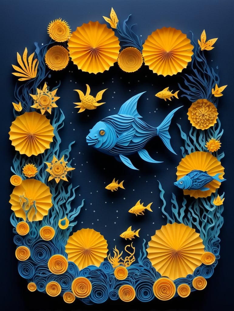 magical underwater world bright and colorful shades of blue and yellow on a white background