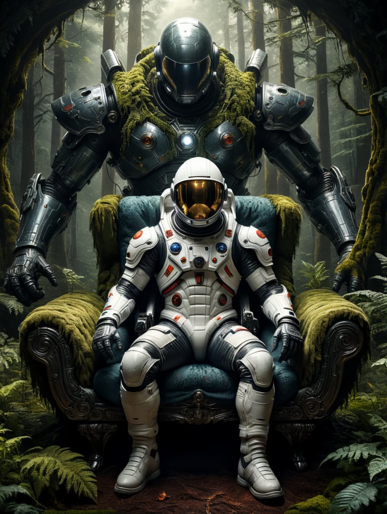 Spaceman sitting on a couch in the middle of a dark forest