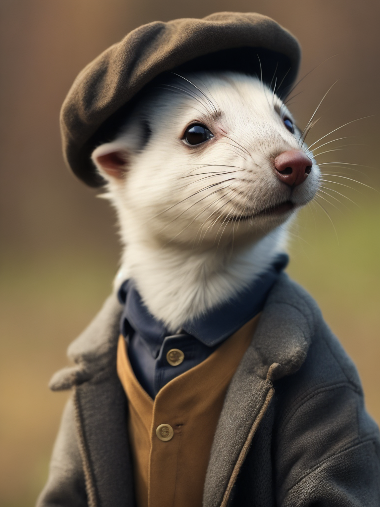 A charming photo of a small anthropomorphic ferret. He is wearing a newsboy cap and has a very long torso masterpiece, ultra-quality, hyperrealistic, RAW photo, highly detailed, 4k, medium shot, cinematic photography, natural texture, action shot, XF IQ4, 150MP, 50mm, ISO 1000, 1 250s, natural light