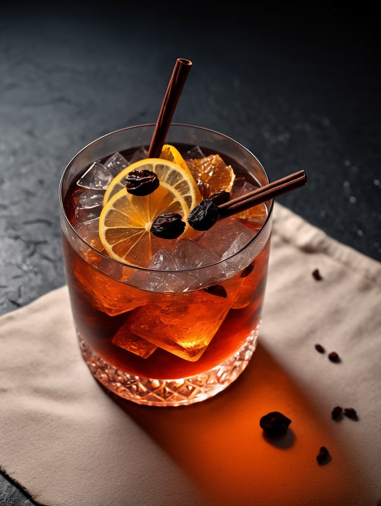 Gin cocktail with dried fruit slices, salted glass rim, mood lighting