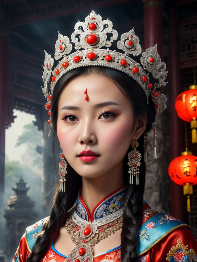 beautiful Chinese Zhangjiajie woman, dressed in a traditional outfit with Traditional Chinese wedding crown, standing, captured against a backdrop of a (dark room of an old Chinese temple, ) illuminated by a (daylight medium contrast source ), face turned three quarters