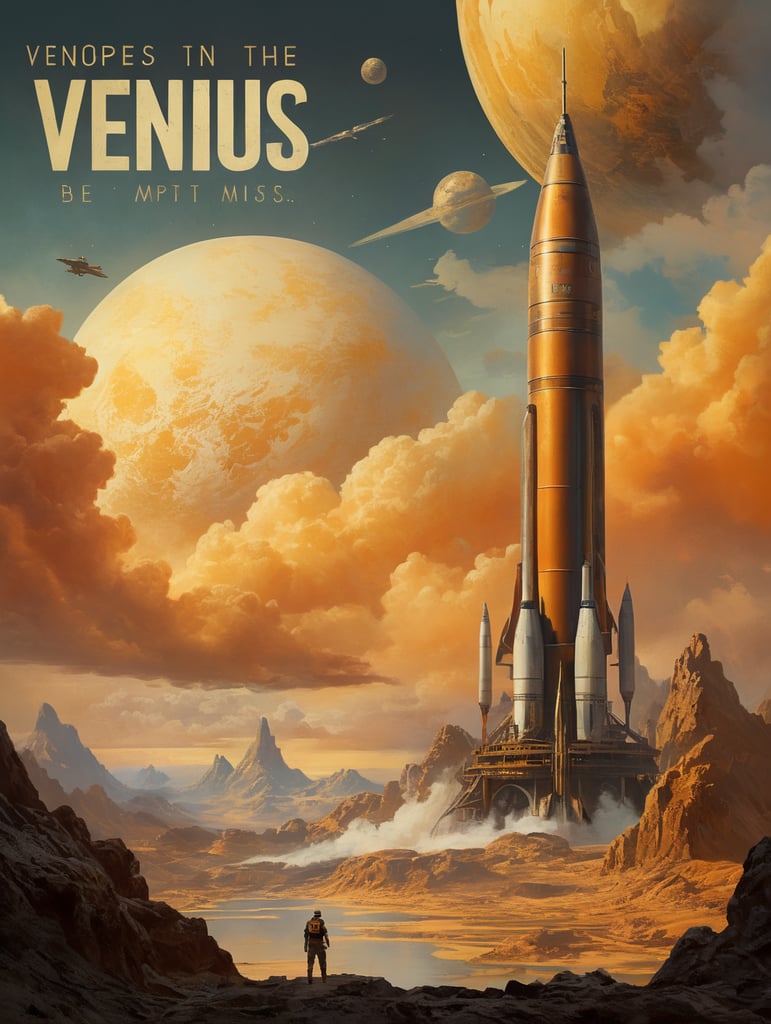 Ein Vintage-Reiseplakat für Venus im Hochformat. Die Szene zeigt die dicken, gelblichen Wolken der Venus mit der Silhouette eines sich nähernden alten Raketenschiffs. Geheimnisvolle Formen deuten auf Berge und Täler unter den Wolken hin. Der untere Text lautet: „Explore Venus: Beauty Behind the Mist“. Das Farbschema besteht aus Gold-, Gelb- und sanften Orangetönen und erweckt ein Gefühl des Staunens.