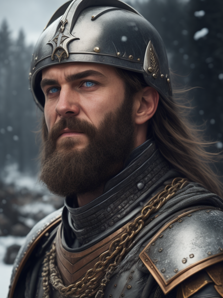 Portrait of a medieval Slavic warrior with a beard, wearing a helmet and chain mail, gray-blue eyes, a face stained with blood, against the backdrop of a winter landscape