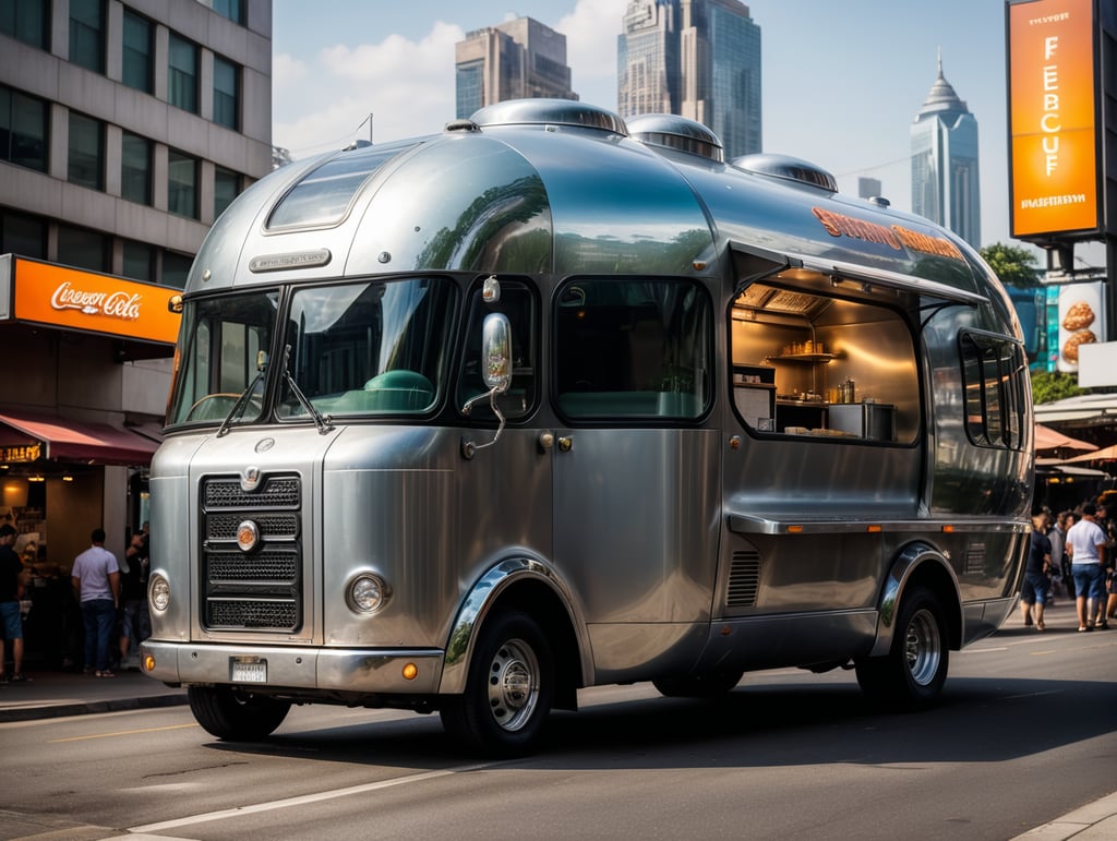 A fantastic, futuristic, cybernetic food truck that looks like a large oblong blob of mercury, with a glass cab and a large hinged side that reveals the contents, a showcase of fast food of various kinds:: A scene in the middle of a future metropolis.