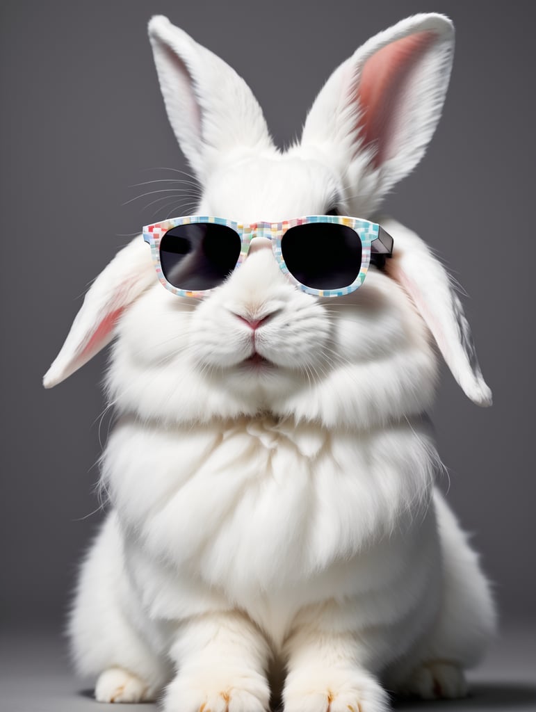 A fluffy white bunny rabbit wearing pixel sunglasses.