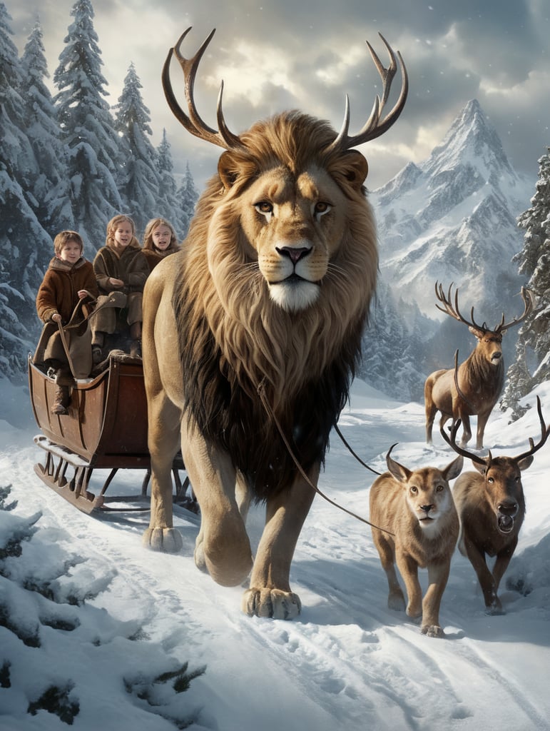 Aslan, from the Lion, the witch and the wardrobe being visited by three children in the snow in Narnia, with the white witch in a sled being pulled by reindeer in the background