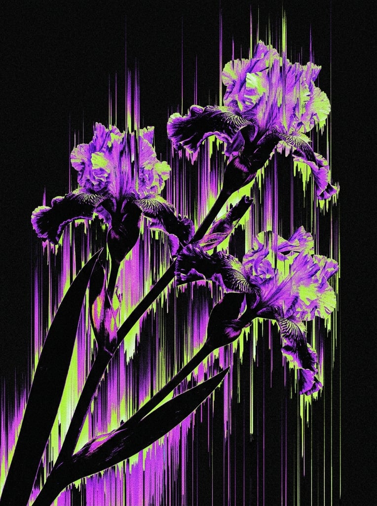 Three iris flowers with stems and leaves angled upward from the bottom left, rendered in an intense digital glitch art aesthetic heavily featuring vertical pixel sorting. The botanical forms are fractured and distorted, dissolving into jagged, continuous vertical streaks that stretch upwards and downwards like dripping digital paint. The high-contrast color palette consists of vibrant electric purple, neon lime green, and stark, void-like black. The stems, leaves, and core structures of the irises appear as dense black silhouettes melting into the vivid neon colors along their edges. The frilled petals of the blooms are fragmented by extreme databending effects, bleeding their bright purple and green hues into sharp vertical lines across the solid black background. A coarse, grainy digital noise texture coats the entire composition, creating a highly synthesized, corrupted visual atmosphere where the organic floral shapes seamlessly integrate with the harsh, vertical digital interference.