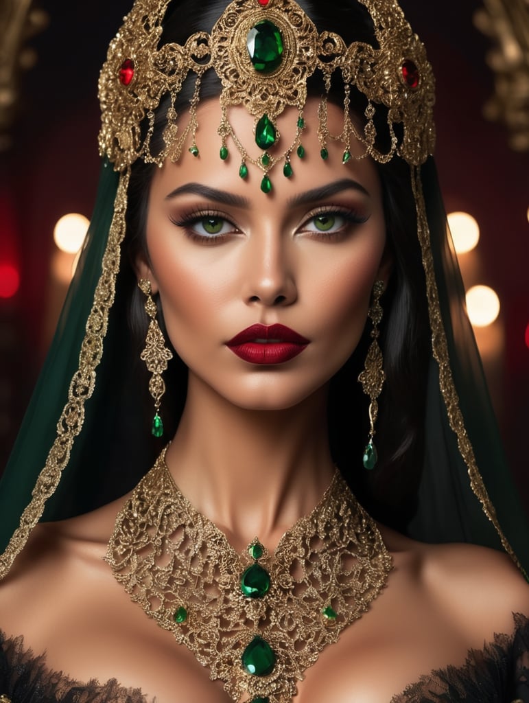 Deeply tanned woman with green eyes and full, red lips wearing a black veil and an ornate gold metal and diamond headpiece and necklace in a dark, moody setting wearing a red, deep v-neck dress