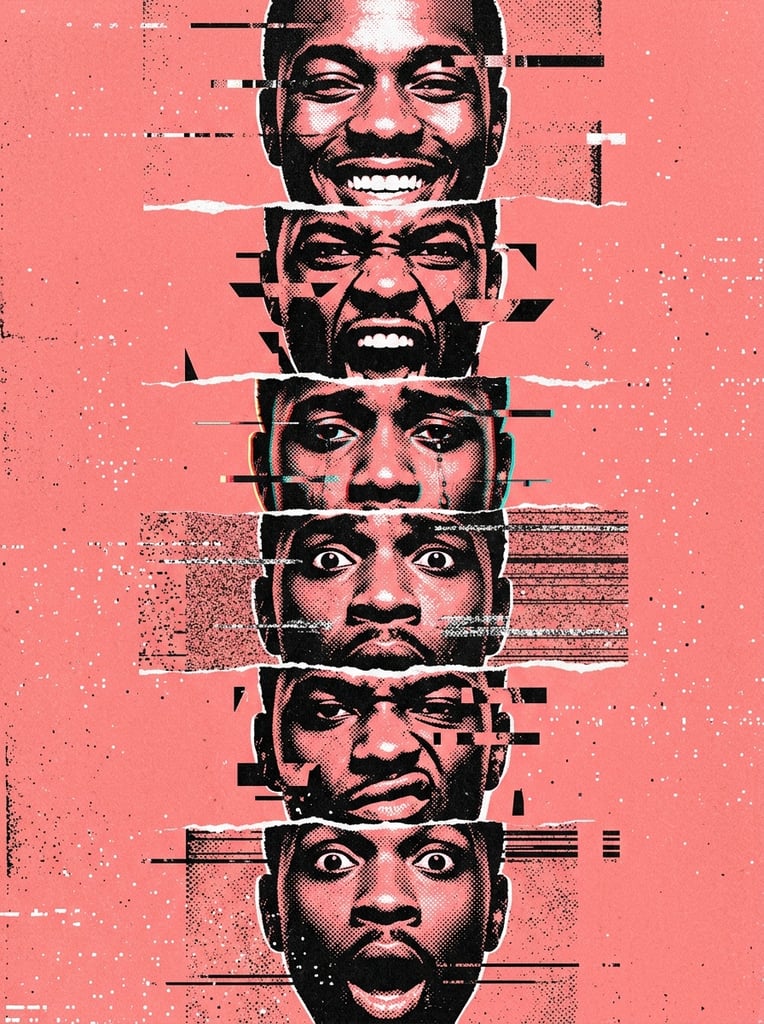 Six high-contrast black faces stacked vertically on a vibrant salmon pink background. Each head displays a distinct expression such as joy, rage, or sorrow. The distressed composition features a glitch-art aesthetic with horizontal tearing, heavy halftone stippling, and scattered white noise.