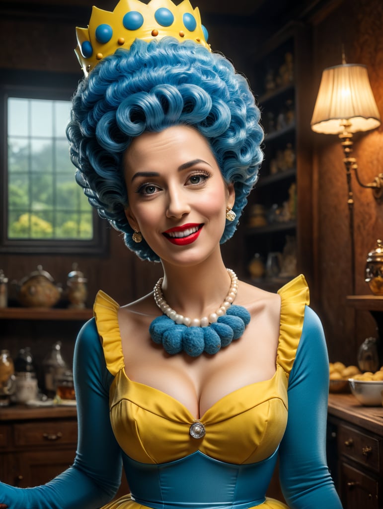 Photorealistic, Photograph of woman in a Marge Simpson costume, Simpsons TV haute couture, 1950s housewife, hirsute, magic, dream sequence, vibrant, hyper-realistic photograph, dreamlike figure, etherial figure, higher consciousness, shot with Canon EOS R5 RF 100mm F2. 8L MACRO IS USM,