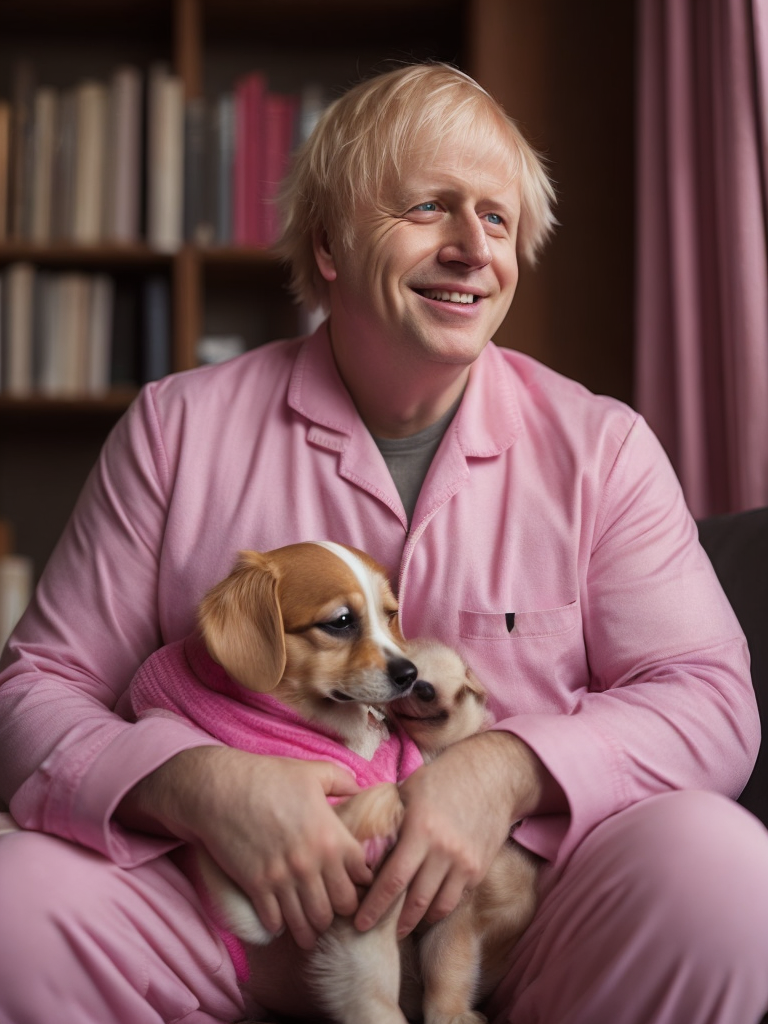 Boris Johnson in pink pajamas laughing, holding a cute little dog in his hands, bright and saturated colors, detailed portrait, realistic style