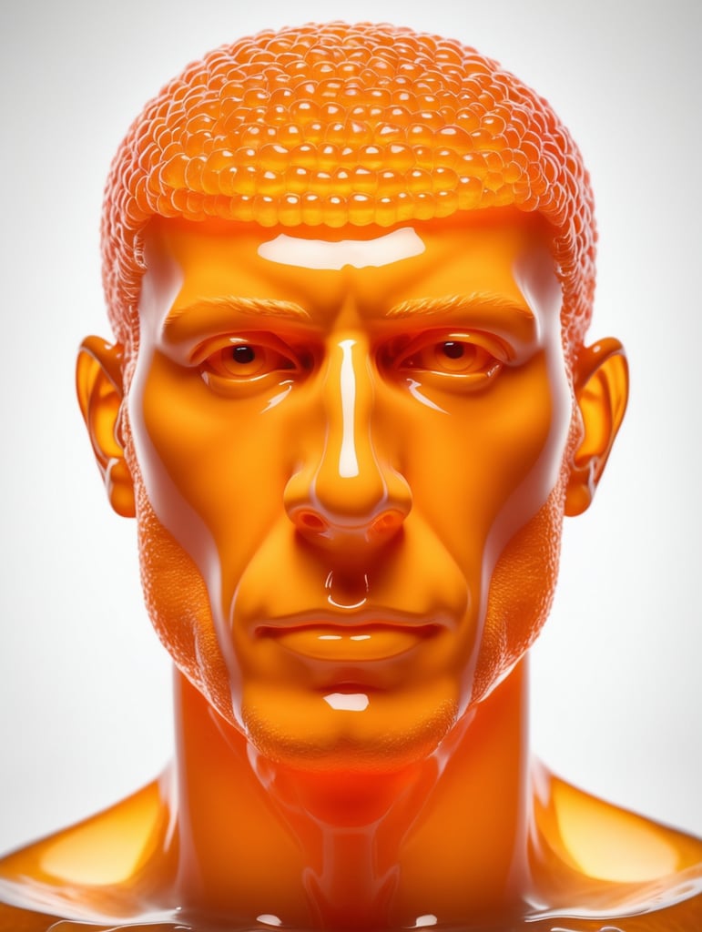 Portrait of a Translucent orange man made from the orange fruit, organs are visible through the jelly, isolated black background
