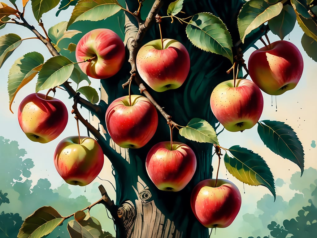 Close up of 5 Red apples hanging from a tree with green leaves
