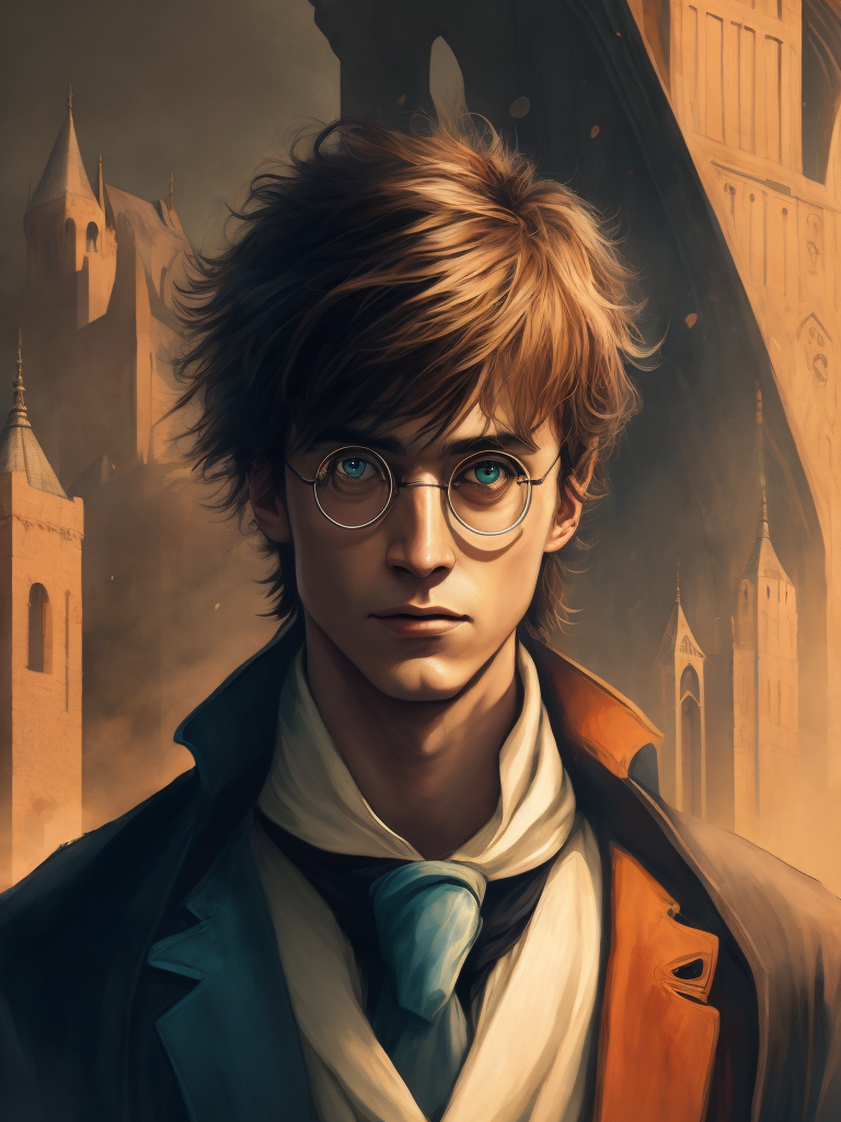 Portrait of Harry Potter in medieval style, detailed face, contrasting light, Against the backdrop of the castle,